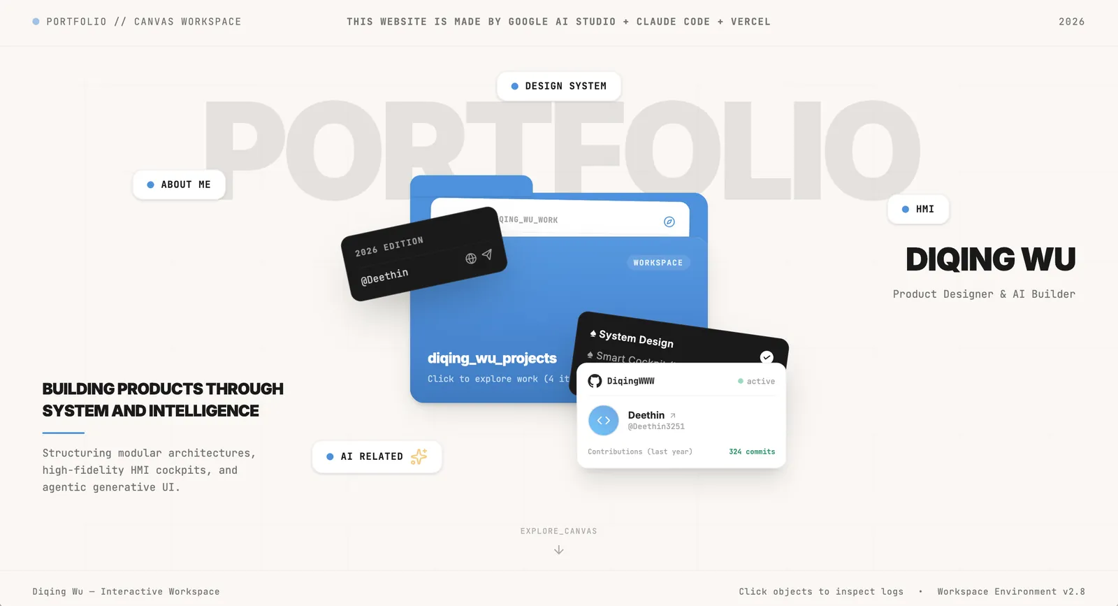 The first working portfolio workspace with tag launchers, a central folder, and identity cards